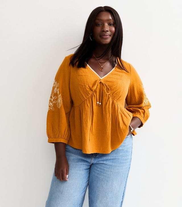 New Look Women's Plus Size Burnt Orange Embroidered Cropped Sleeve Tea Top Curves New Look - 2