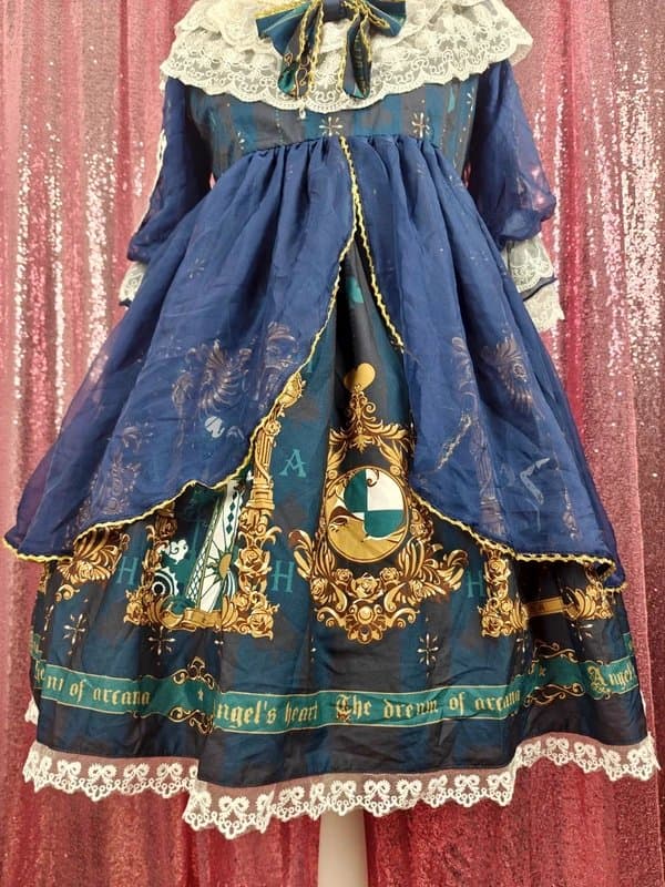 Lolita Unbranded navy & green arcane motif white lace steampunk classic Lolita OP midi dress size M