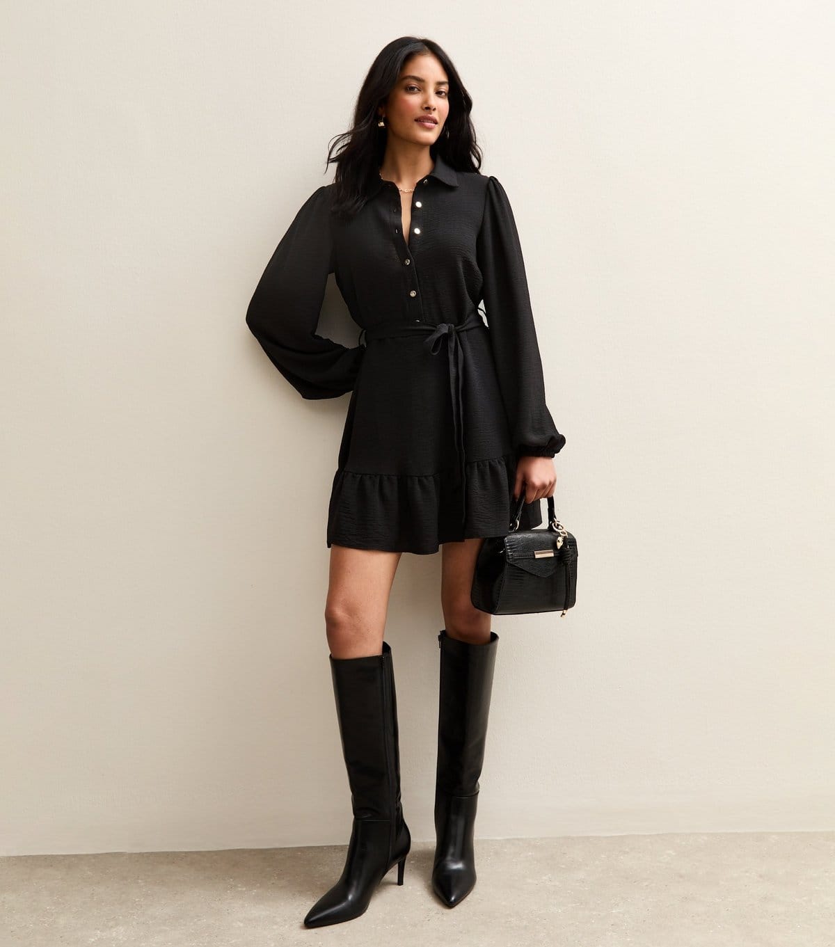 Women's Black Belted Long Sleeve Mini Dress New Look