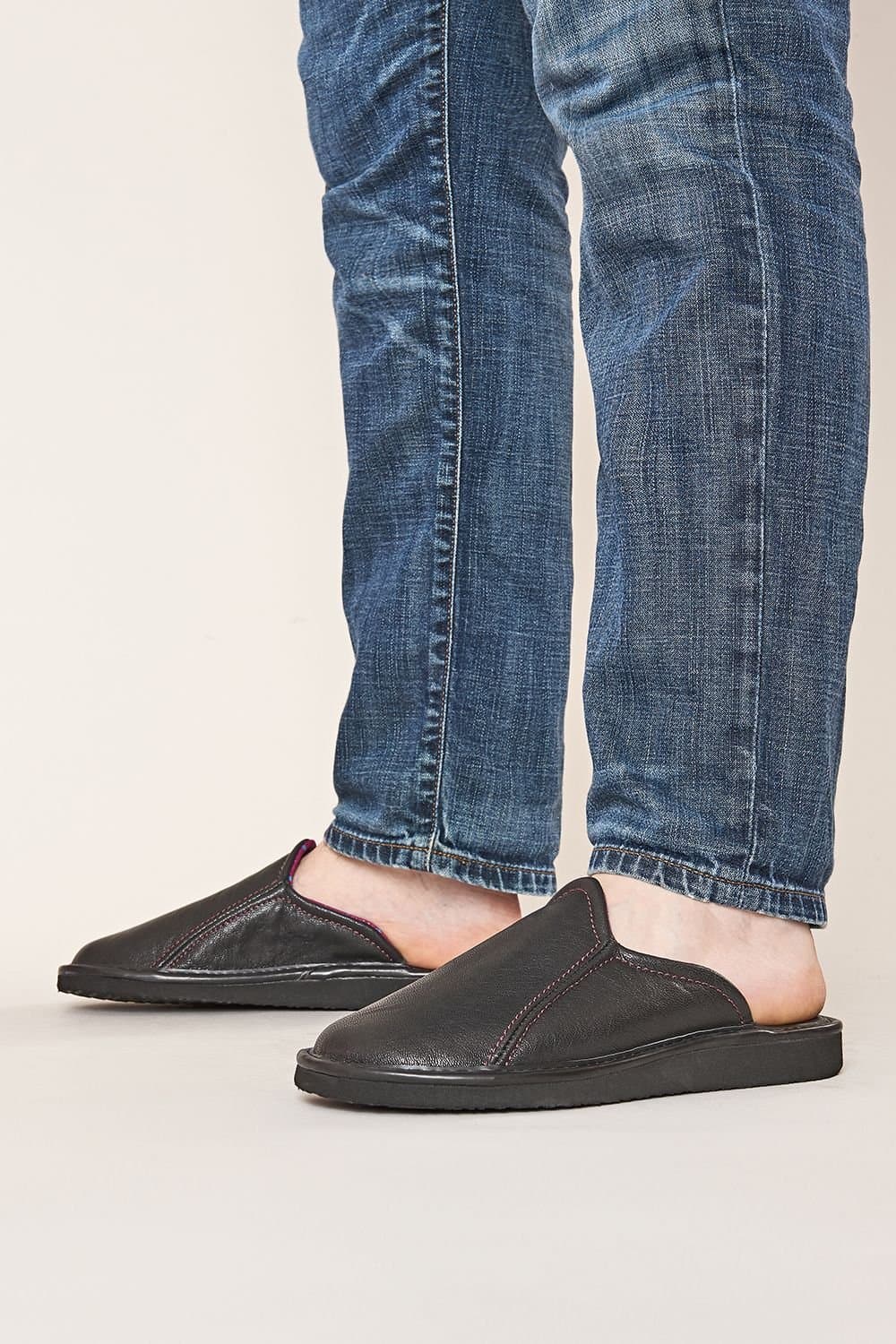 Moshulu Moshulu Black Leather Mule Slippers for Men