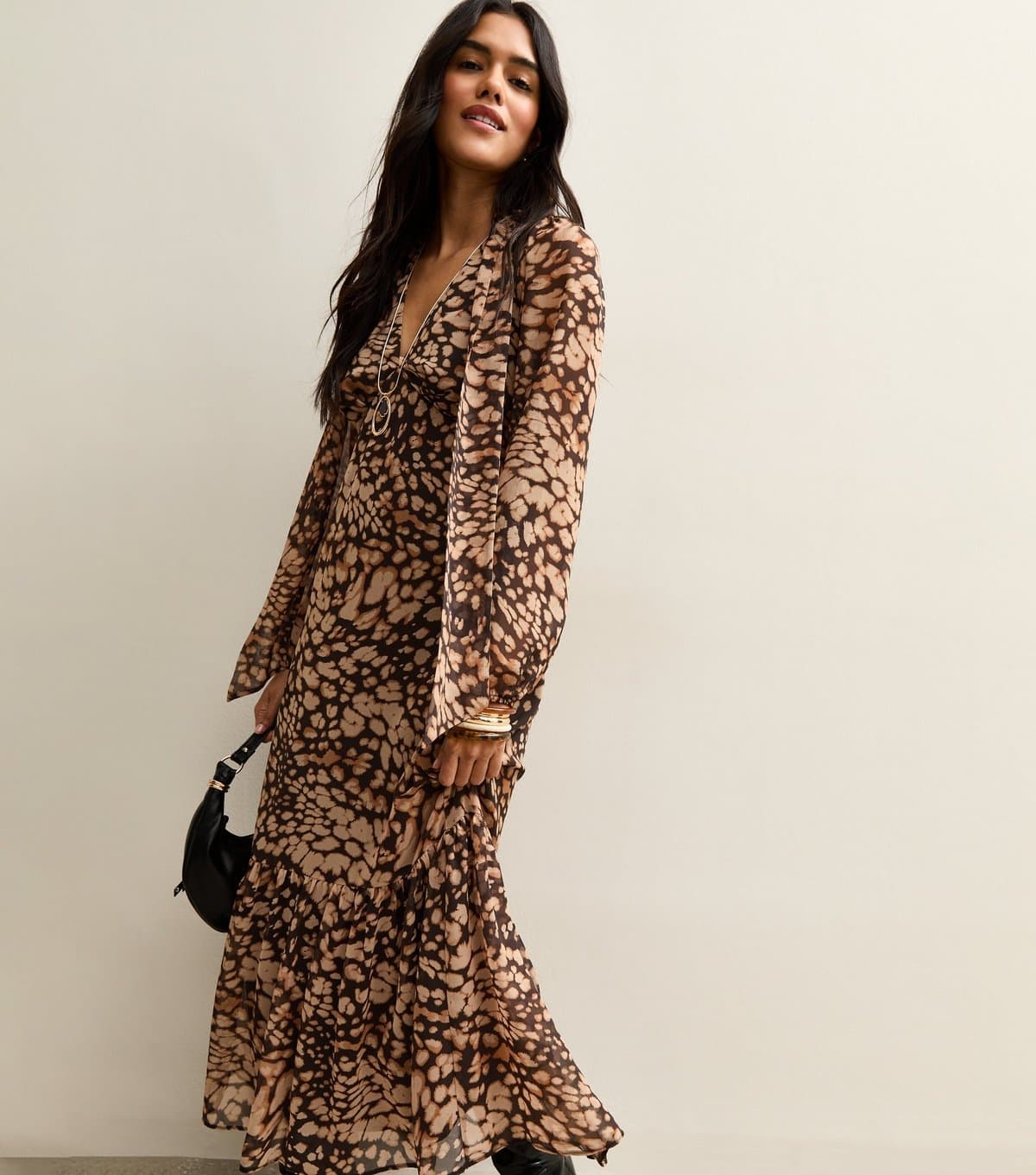 New Look Women's Brown Printed Chiffon Tie Neck Midi Dress New Look