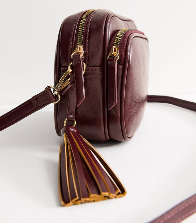New Look Dark Burgundy Faux Leather Tassel Crossbody Camera Bag New Look - 3
