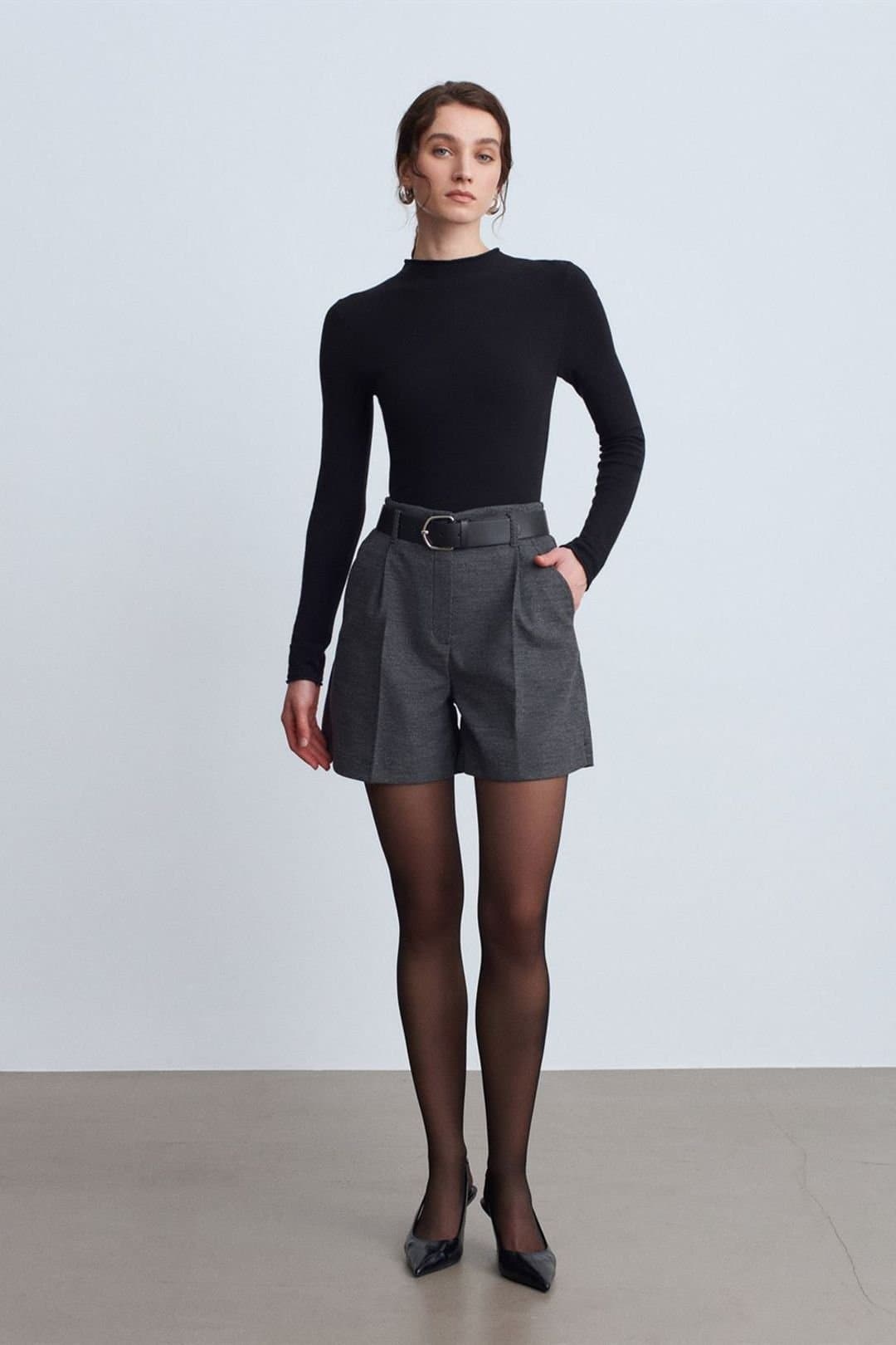 Dilvin Dilvin Women's High-Waist Belted Wide-Leg Tailored Shorts in Dark Grey