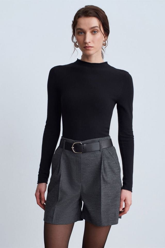 Dilvin Dilvin Women's High-Waist Belted Wide-Leg Tailored Shorts in Dark Grey - 2