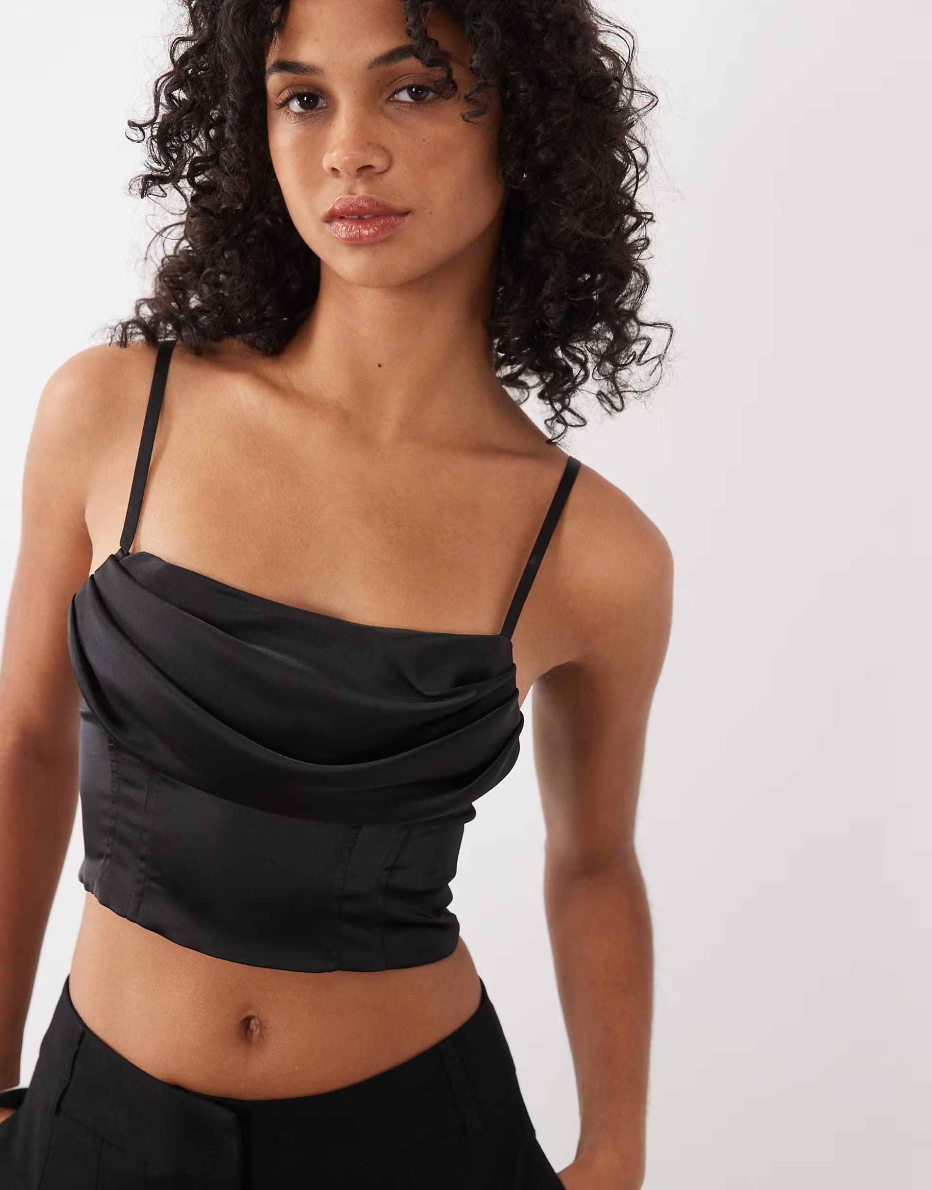 ASOS New Look drape corset detail satin top in black