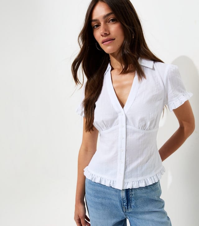 New Look Women's Petite White Cotton Frill Trim Short Sleeve Shirt New Look - 2
