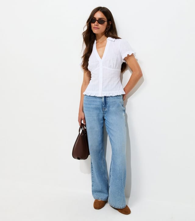 New Look Women's Petite White Cotton Frill Trim Short Sleeve Shirt New Look - 3