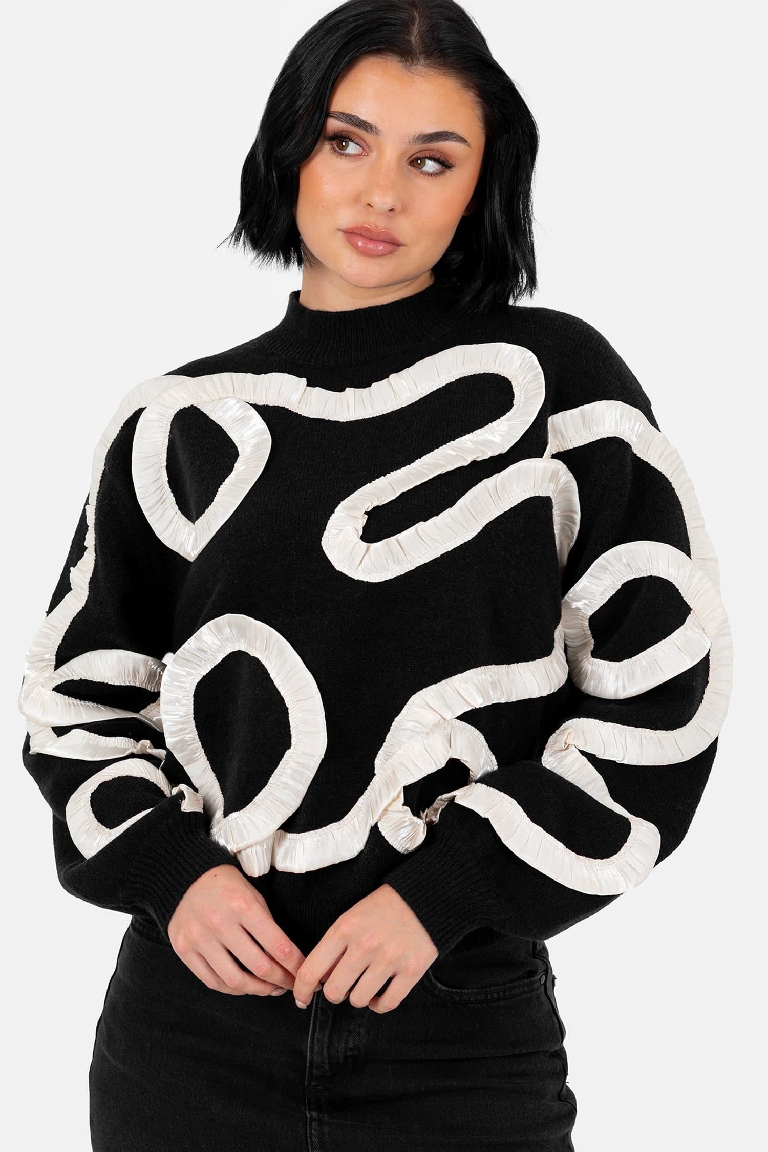 Lovedrobe Lovedrobe Women's Satin Squiggle Applique Jumper in Black