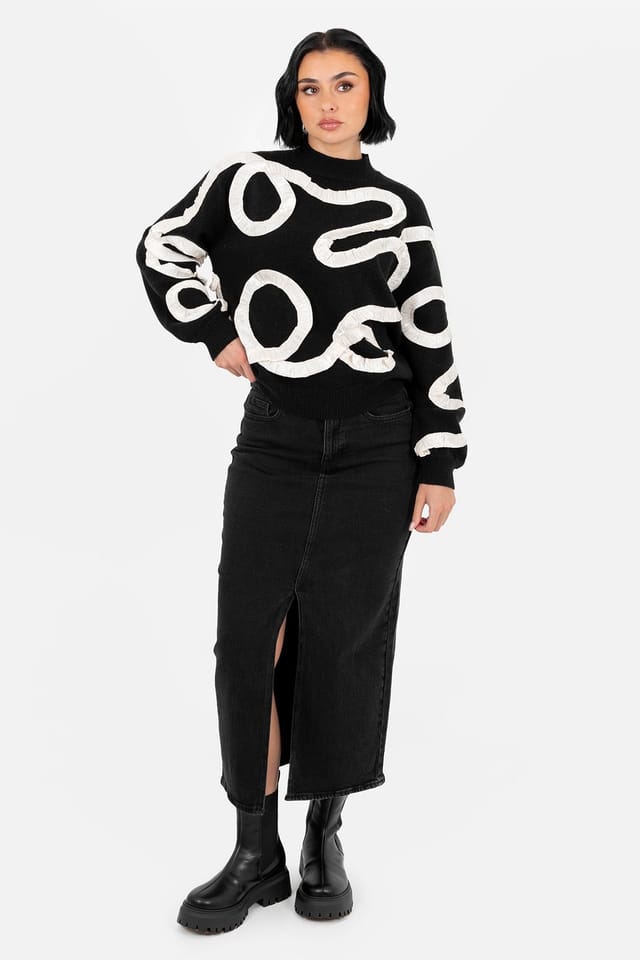 Lovedrobe Lovedrobe Women's Satin Squiggle Applique Jumper in Black - 3