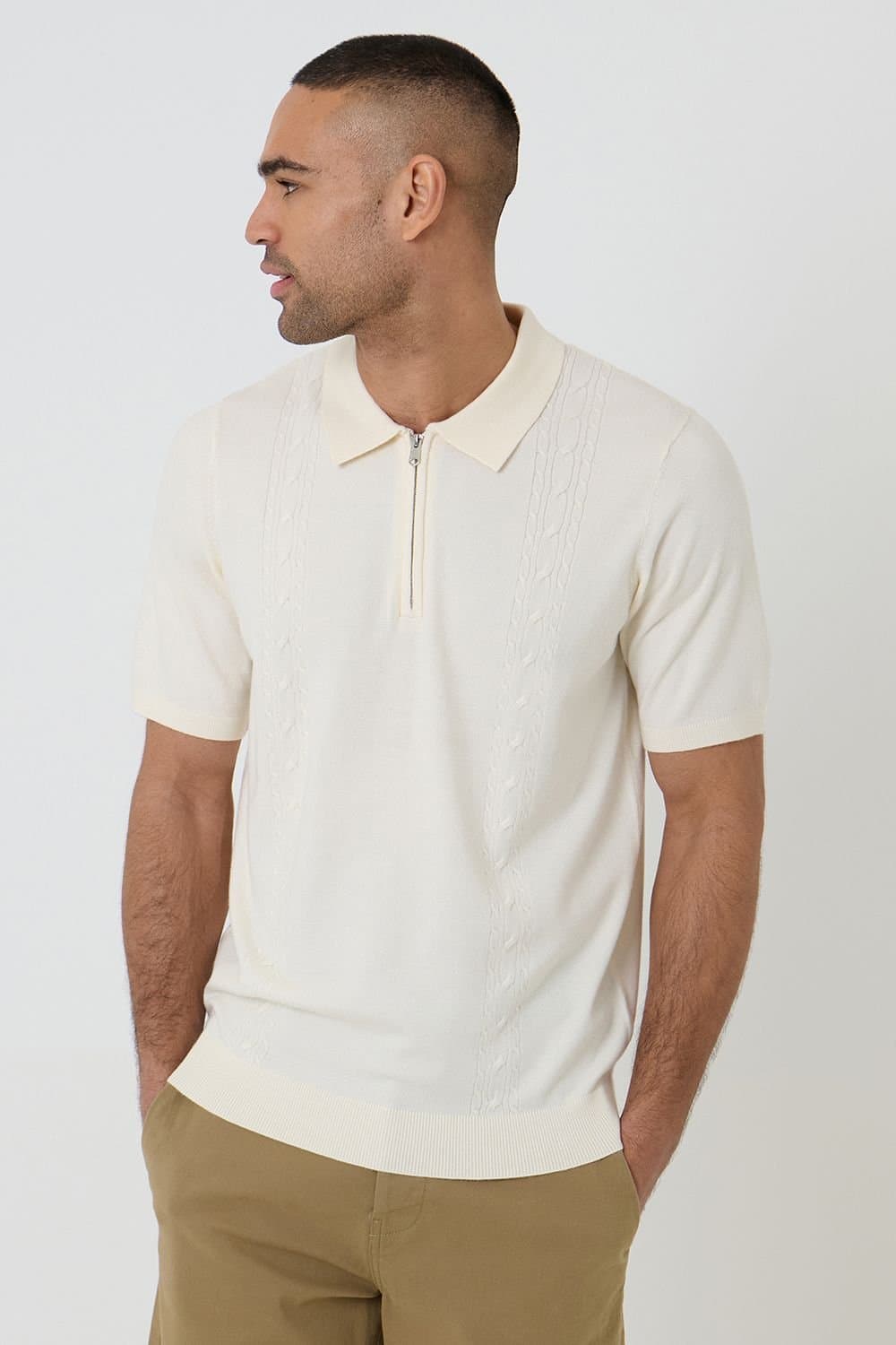 Threadbare Threadbare Men's Cable Knit Quarter Zip Polo in Natural