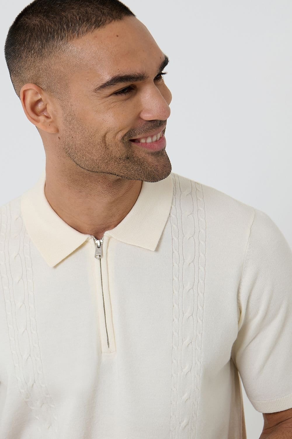 Threadbare Threadbare Men's Cable Knit Quarter Zip Polo in Natural - 4