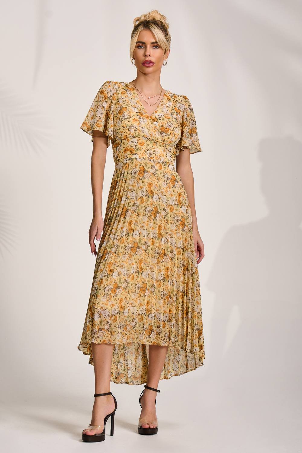 Jolie Moi Jolie Moi Women's Printed Chiffon Pleated Maxi Dress in Yellow - 2