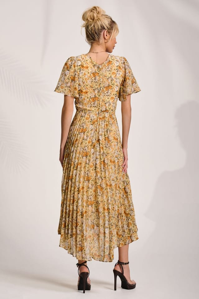 Jolie Moi Jolie Moi Women's Printed Chiffon Pleated Maxi Dress in Yellow - 2