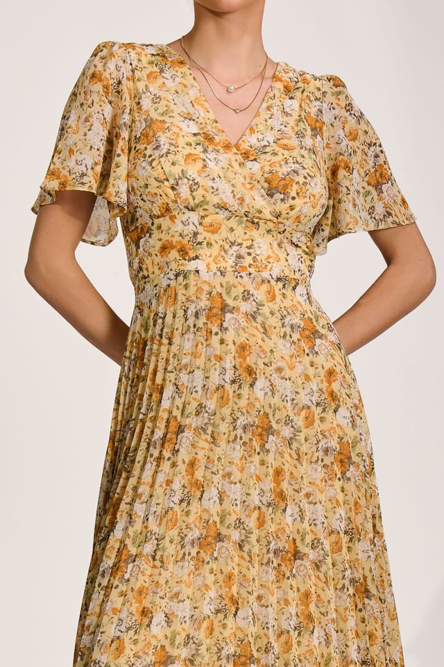 Jolie Moi Jolie Moi Women's Printed Chiffon Pleated Maxi Dress in Yellow - 3