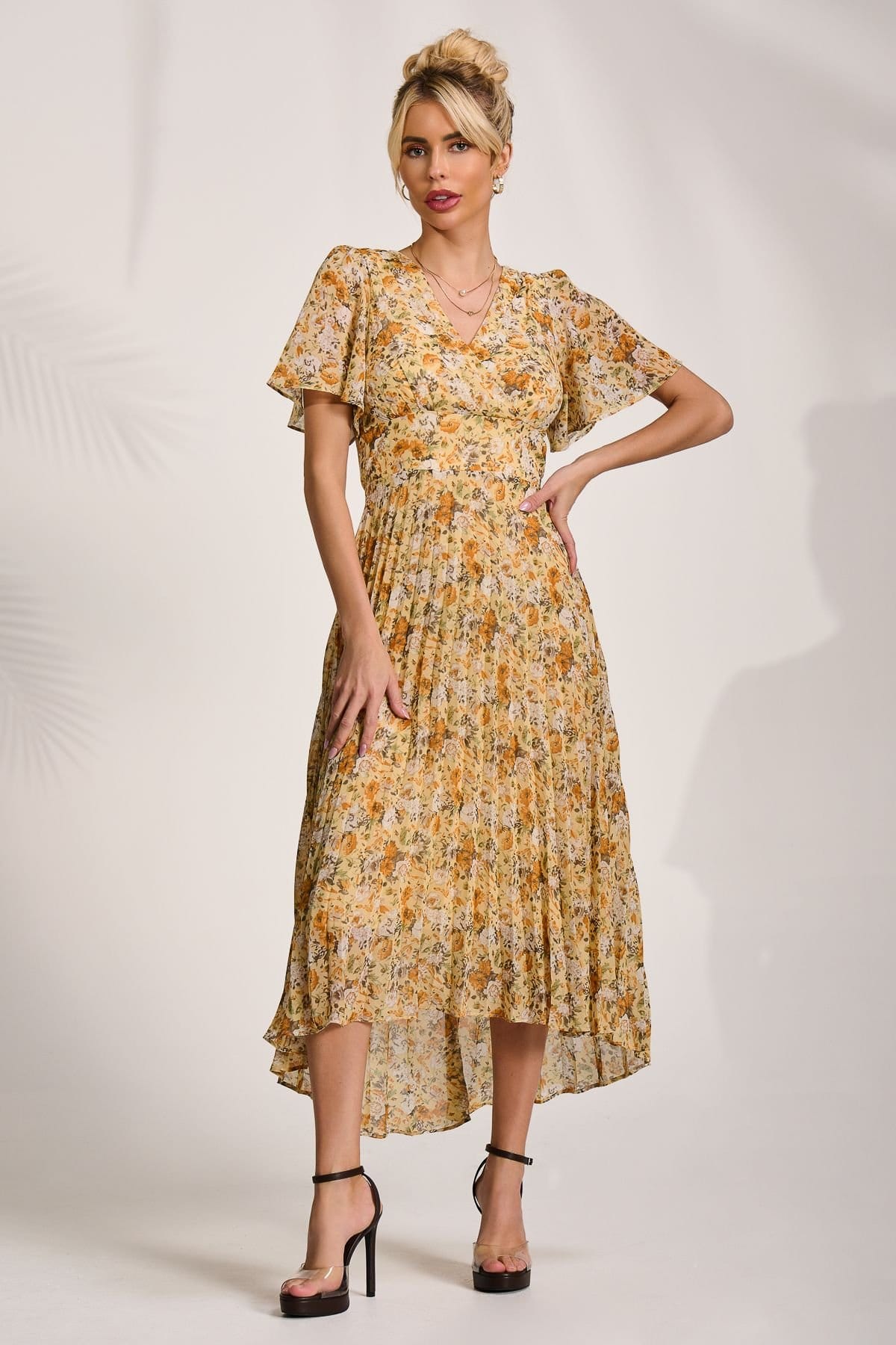 Jolie Moi Jolie Moi Women's Printed Chiffon Pleated Maxi Dress in Yellow - 4