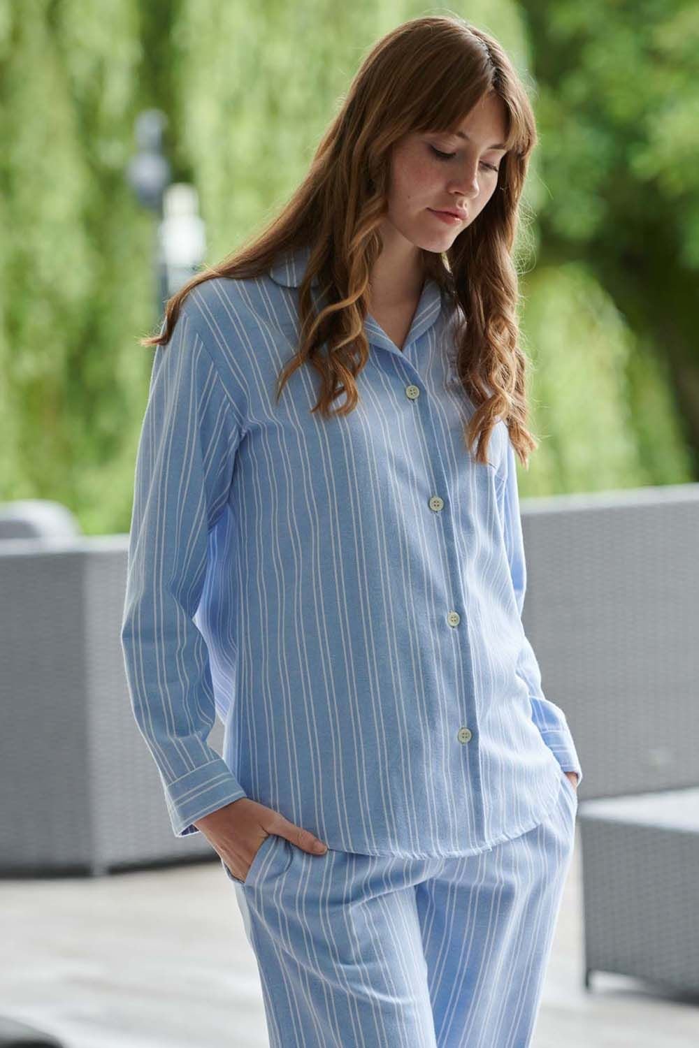 British Boxers British Boxers Women's 'Westwood' Blue Stripe Brushed Cotton Pyjama Set in Light Blue - 2