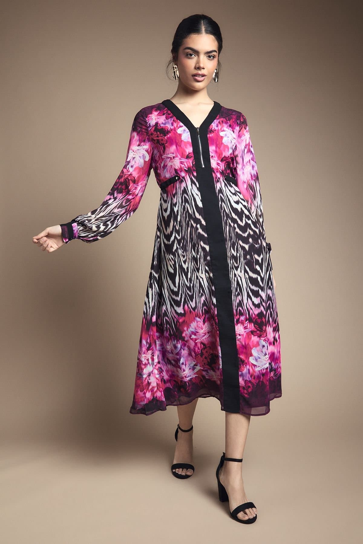 Wallis Wallis Women's Zip Front Animal Floral Border Chiffon Midi Dress in Pink