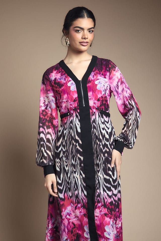 Wallis Wallis Women's Zip Front Animal Floral Border Chiffon Midi Dress in Pink - 2