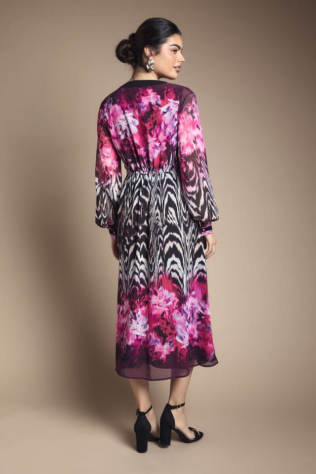 Wallis Wallis Women's Zip Front Animal Floral Border Chiffon Midi Dress in Pink - 3