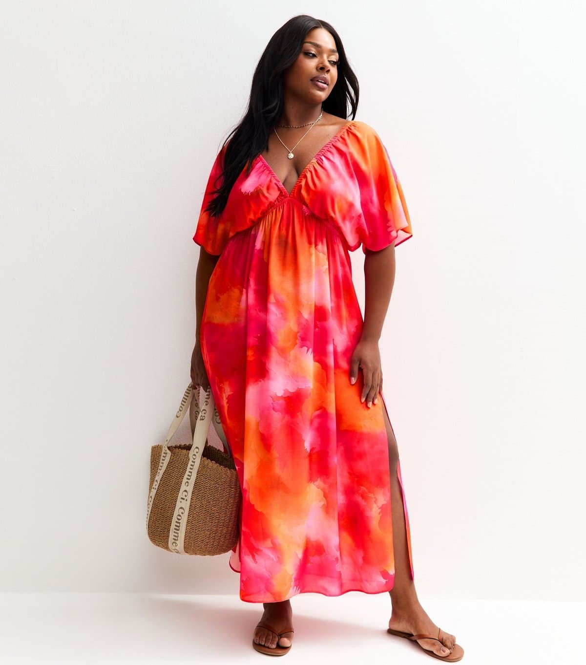 New Look Women's Plus Size Pink Ombre Print V-Neck Beach Maxi Dress Curves New Look