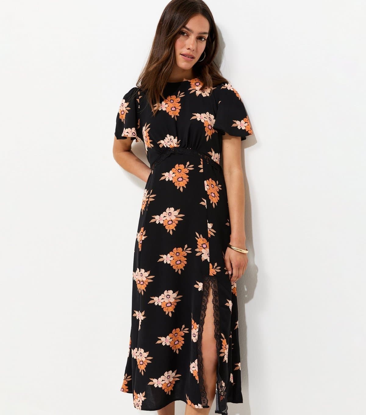 New Look Women's Petite Black Floral Print Lace Trim Midi Dress New Look