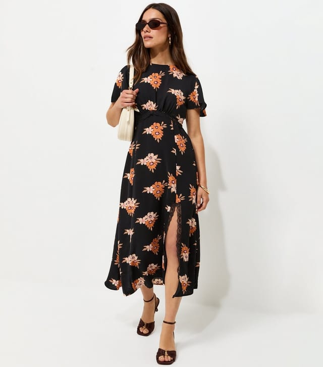 New Look Women's Petite Black Floral Print Lace Trim Midi Dress New Look - 3