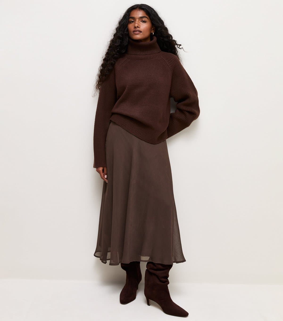 New Look Women's Petite Dark Brown Chiffon Circle Skirt New Look