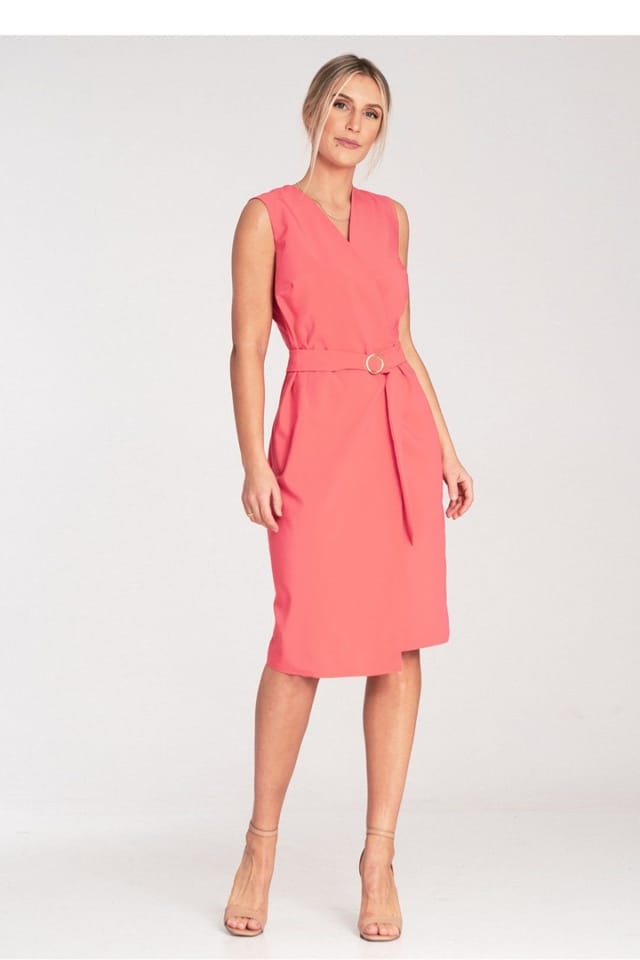 Love Lace Love Lace Women's Wrap Neck Midi Sleeveless Dress with Golden Buckle in Coral - 2