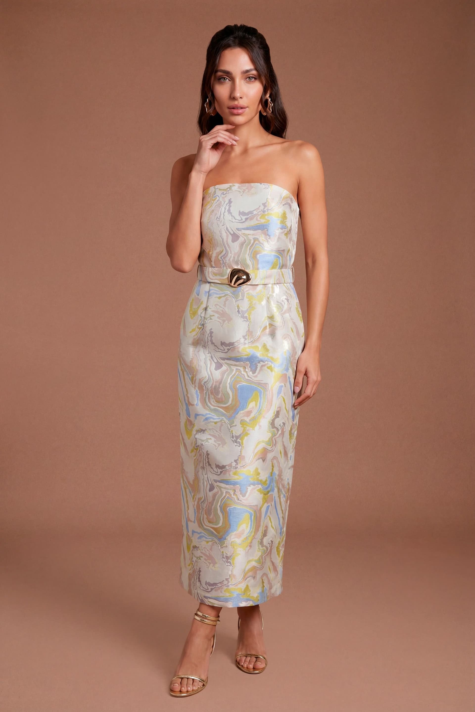 Coast Coast Women's Jacquard Belted Bandeau Pencil Dress in Neutral