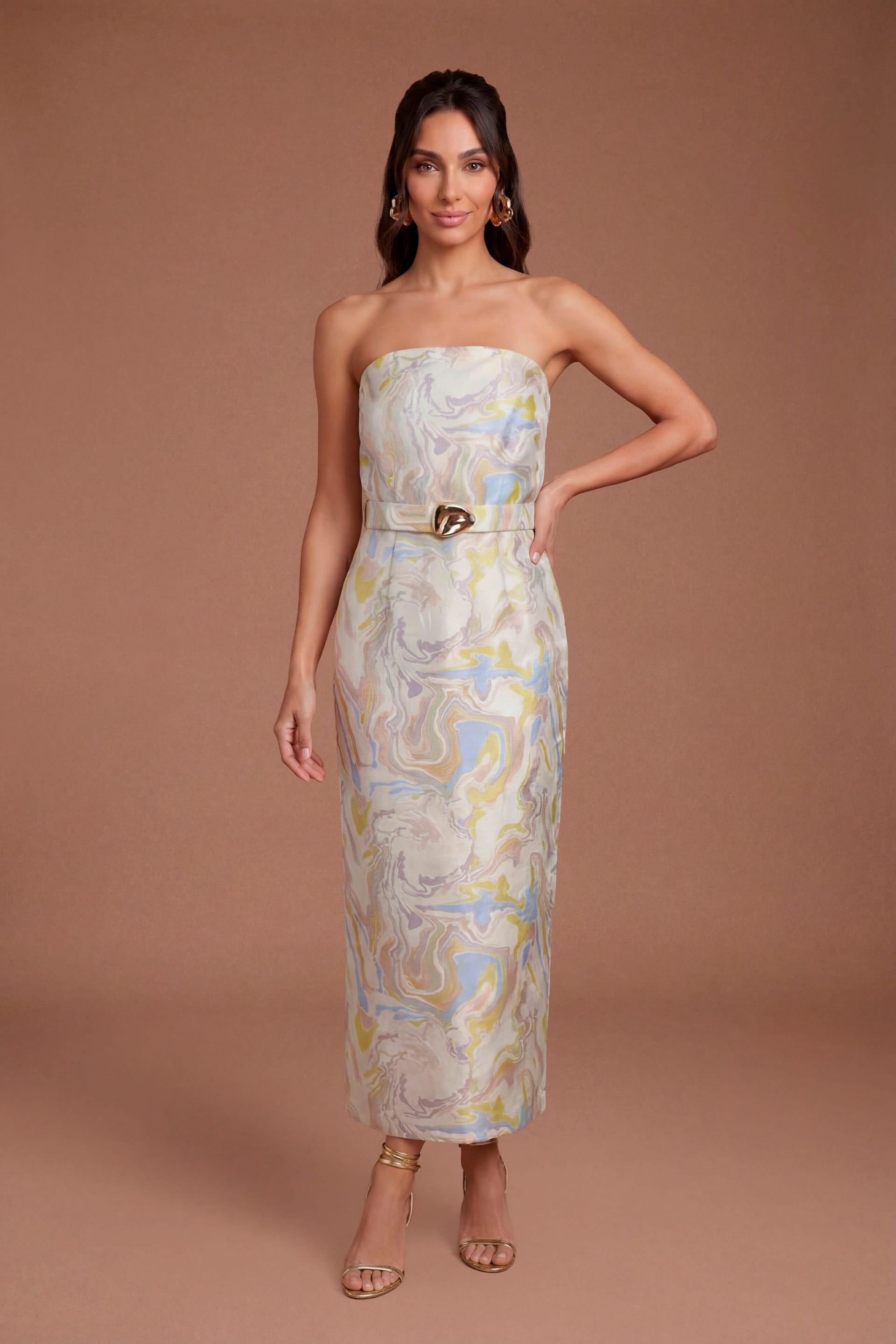 Coast Coast Women's Jacquard Belted Bandeau Pencil Dress in Neutral - 4