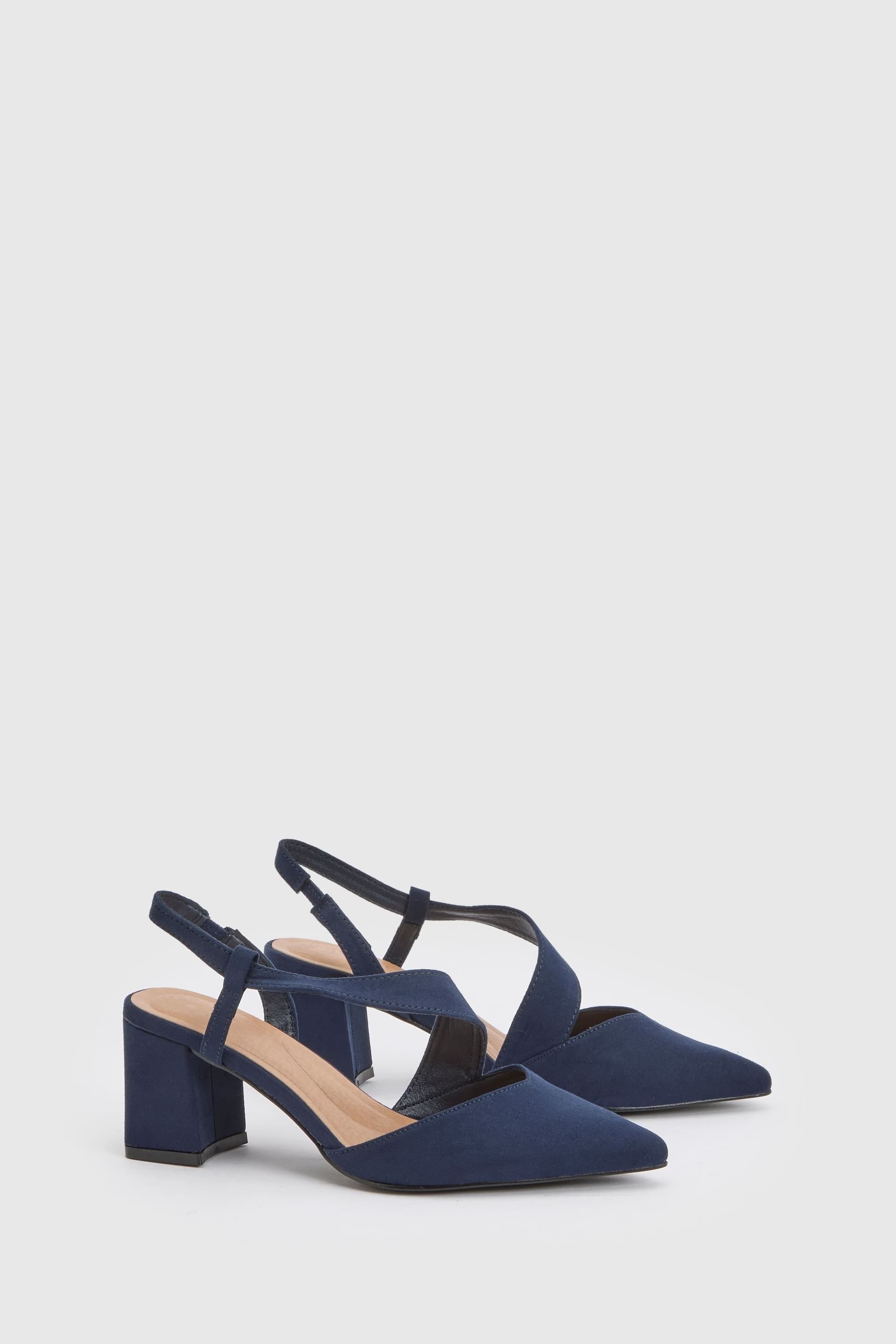 Wallis Wallis Women's Wide Fit Eve Asymmetric Strap Block Heel Pointed Comfort Sock Court Shoes in Navy