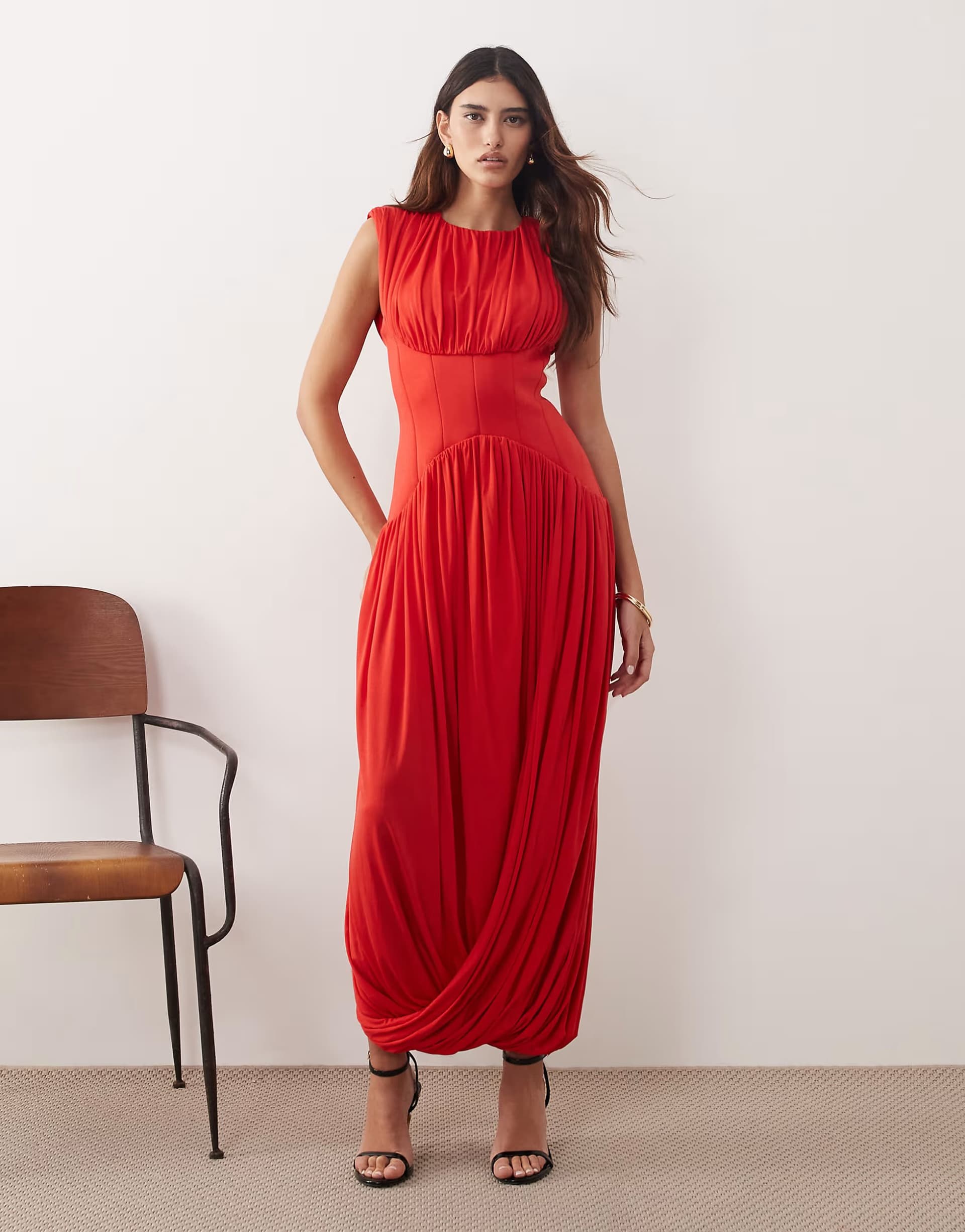 ASOS ARRANGE gathered drape maxi dress with cinched waist in red