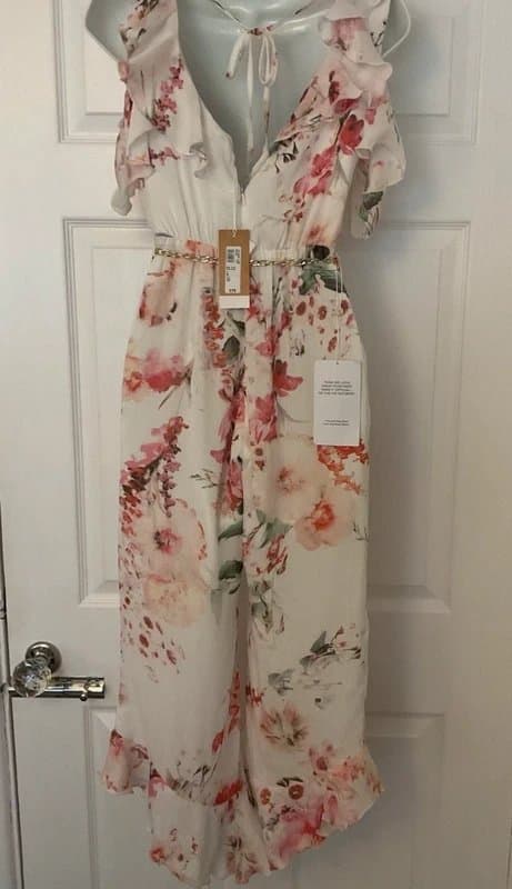 River Island River Island Pink Floral Pleated Jumpsuit with Gold Chain Belt – UK 6 – BNWT