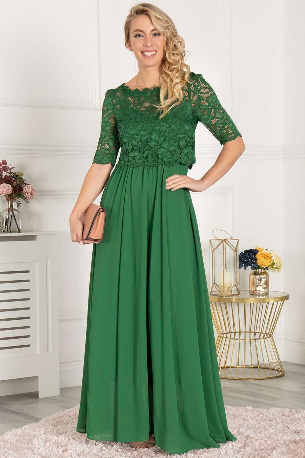 Jolie Moi Jolie Moi Women's Sleeved Lace Overlay Maxi Dress in Green