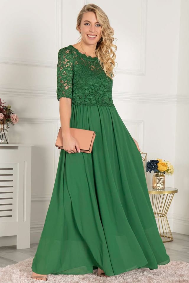 Jolie Moi Jolie Moi Women's Sleeved Lace Overlay Maxi Dress in Green - 3