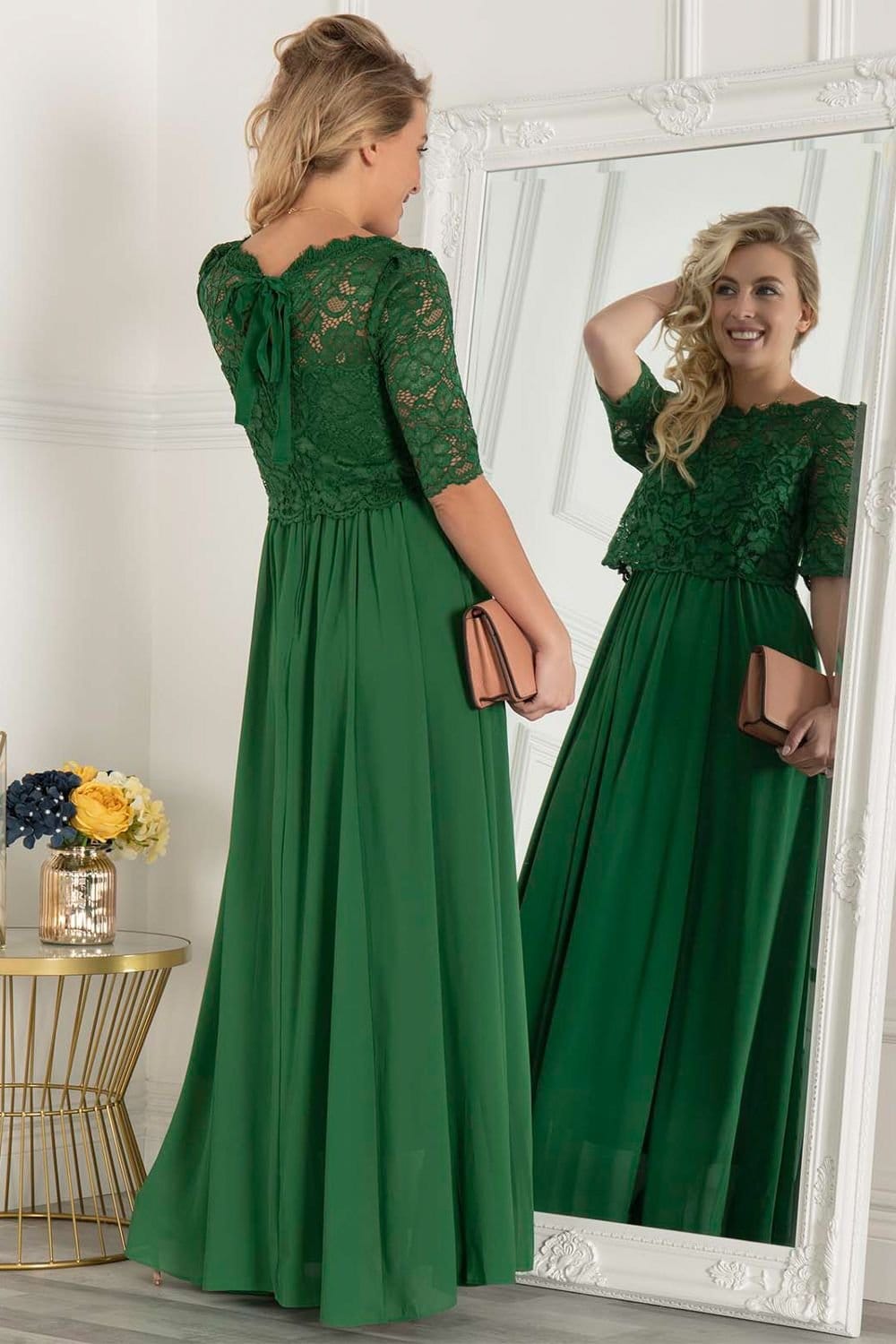 Jolie Moi Jolie Moi Women's Sleeved Lace Overlay Maxi Dress in Green - 4