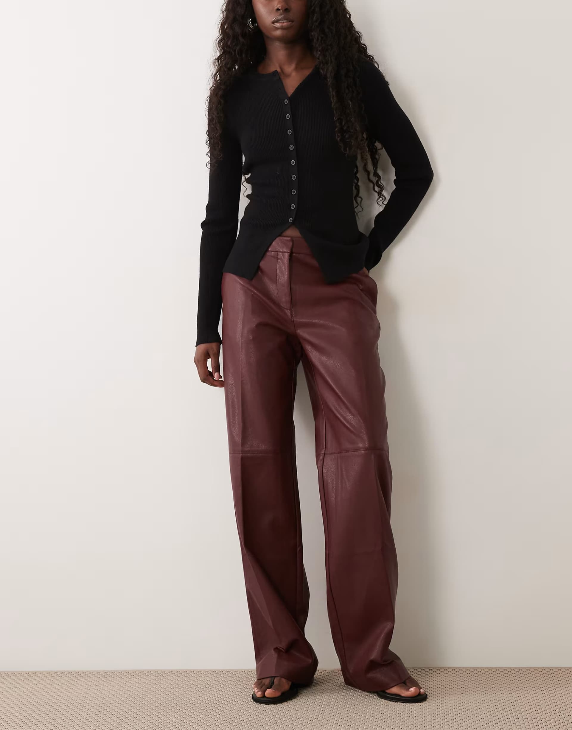 ASOS Good American faux leather low rise straight leg trousers in burgundy