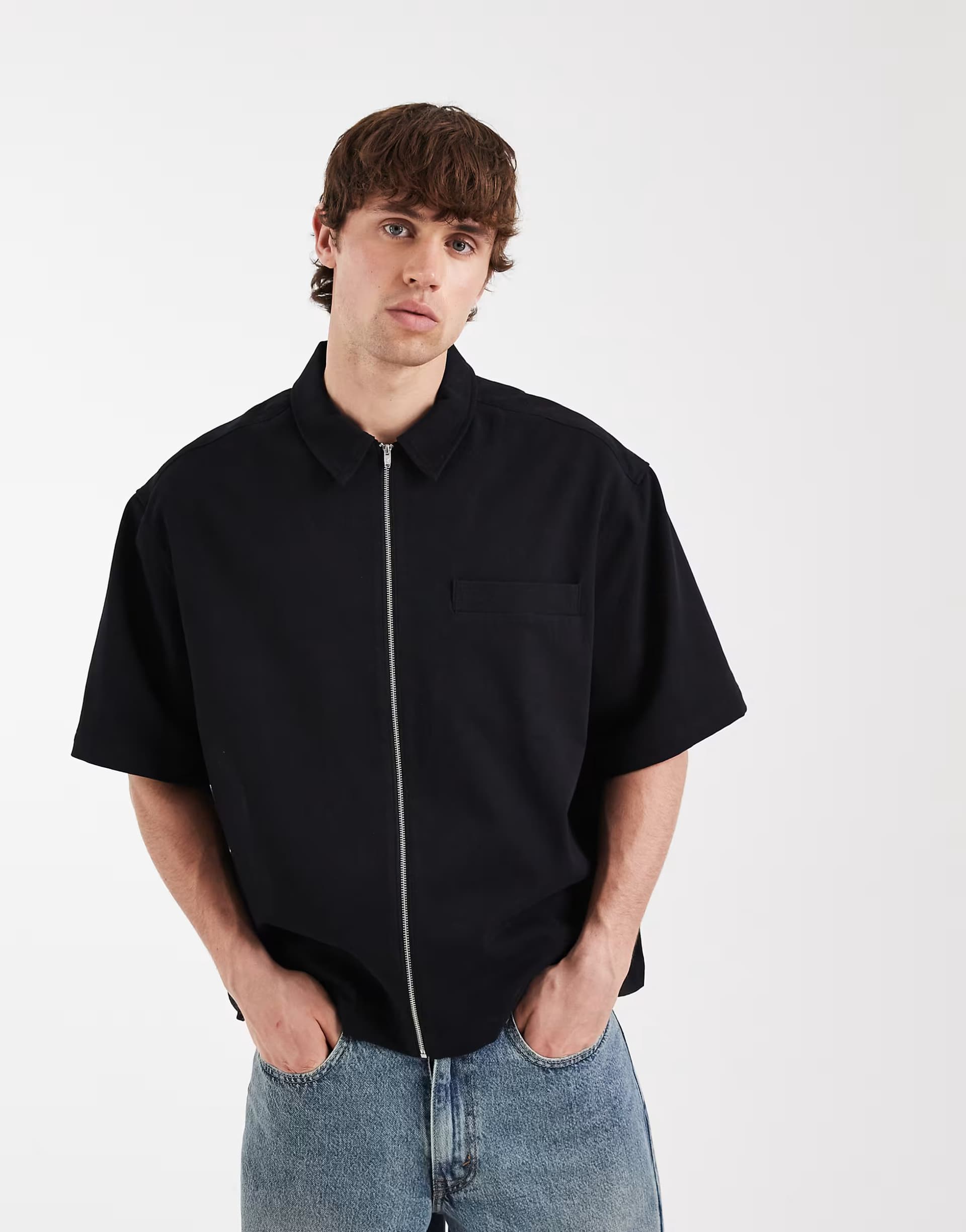 ASOS ASOS DESIGN boxy oversized zip through shirt in black
