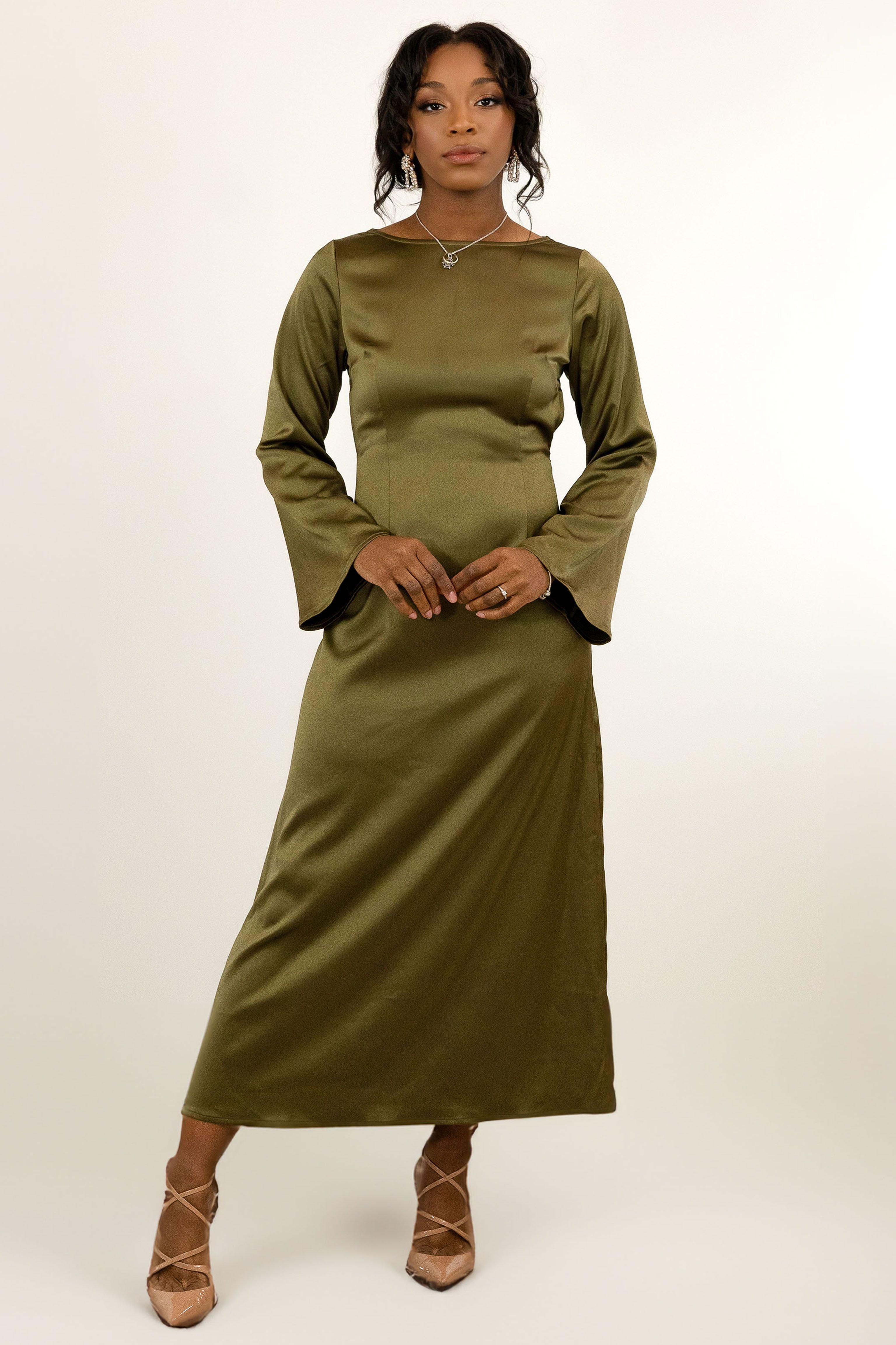 BALOU BALOU Women's Silky Satin Midi Dress Olive - 2