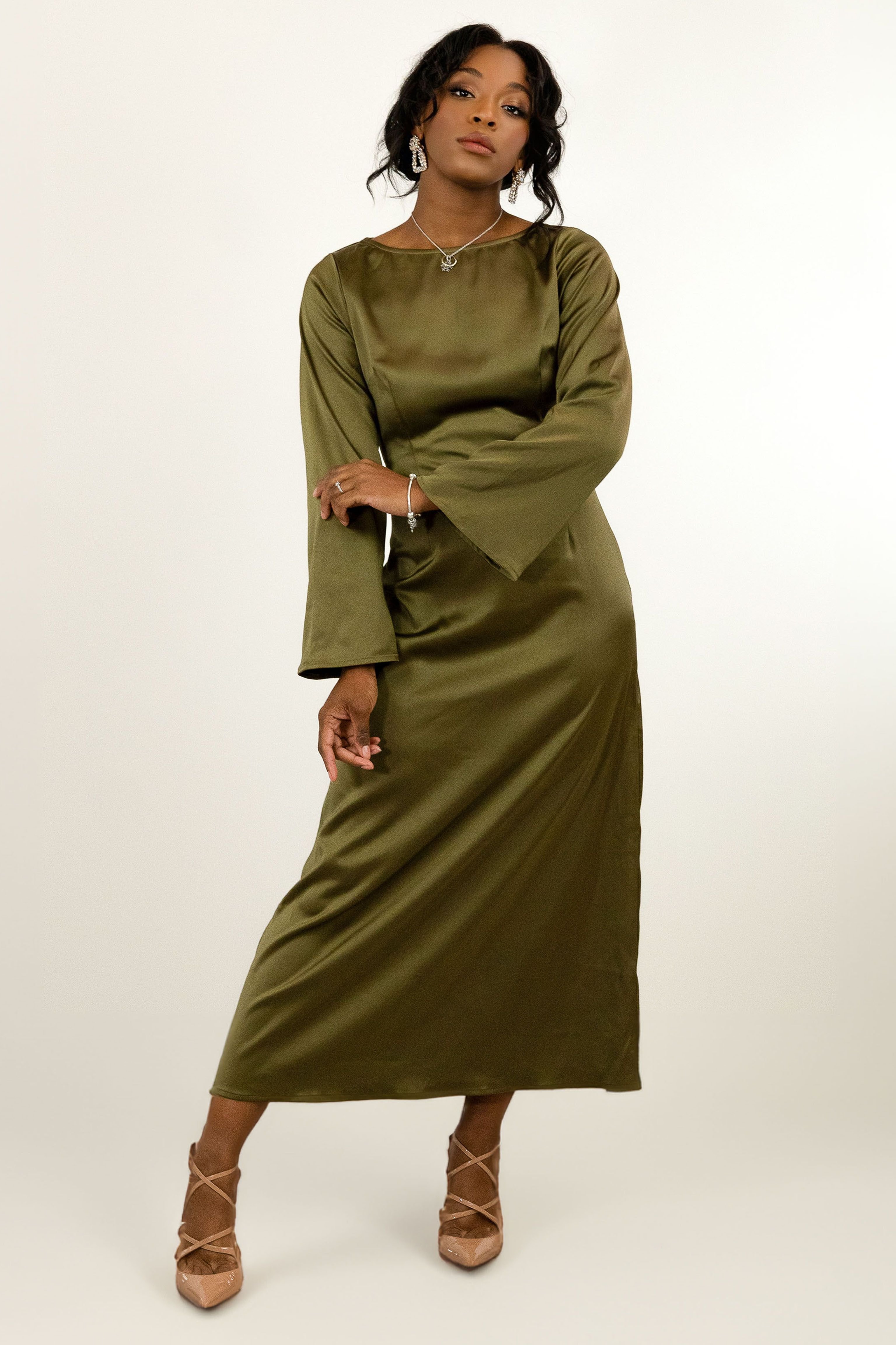 BALOU BALOU Women's Silky Satin Midi Dress Olive - 3