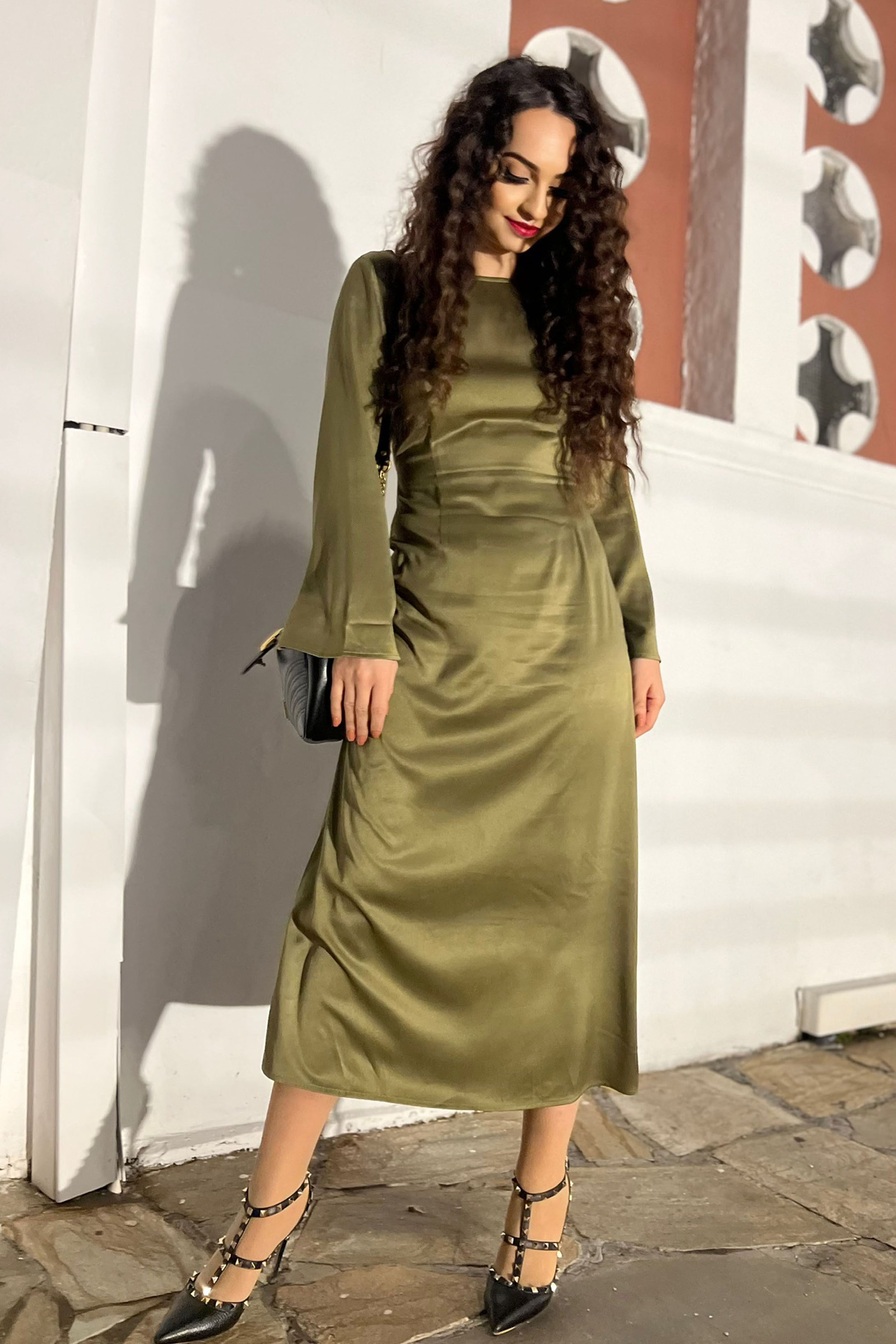 BALOU BALOU Women's Silky Satin Midi Dress Olive - 4