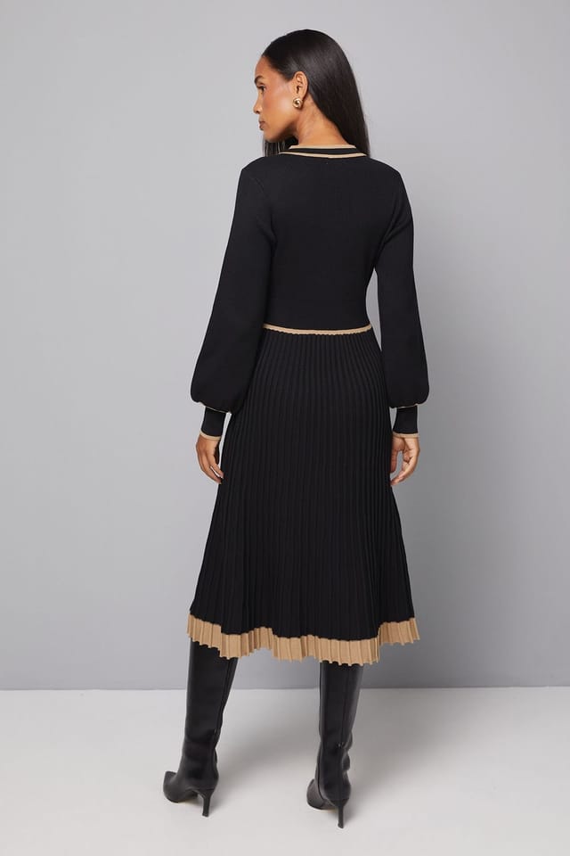Wallis Wallis Women's Zip Front Pleated Knitted Midi Dress in Black - 3