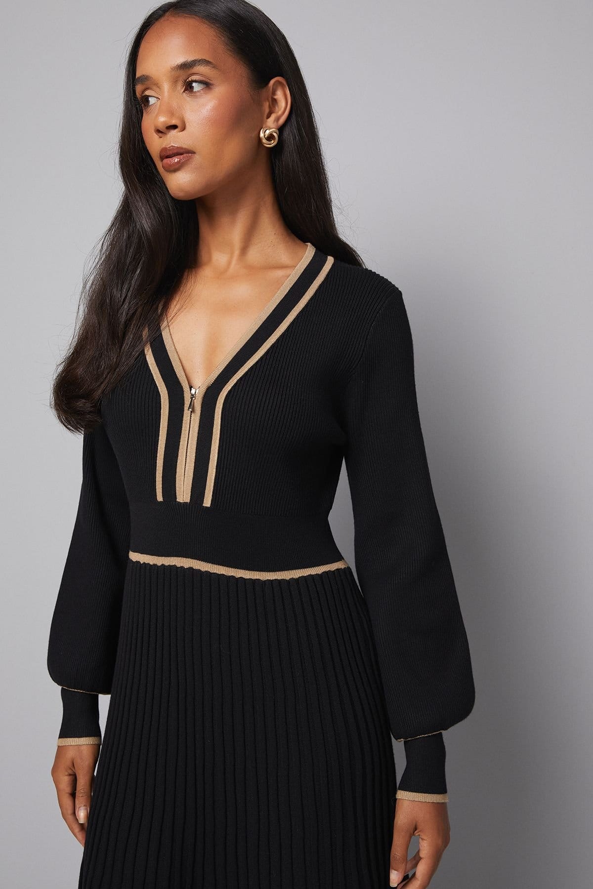 Wallis Wallis Women's Zip Front Pleated Knitted Midi Dress in Black - 4