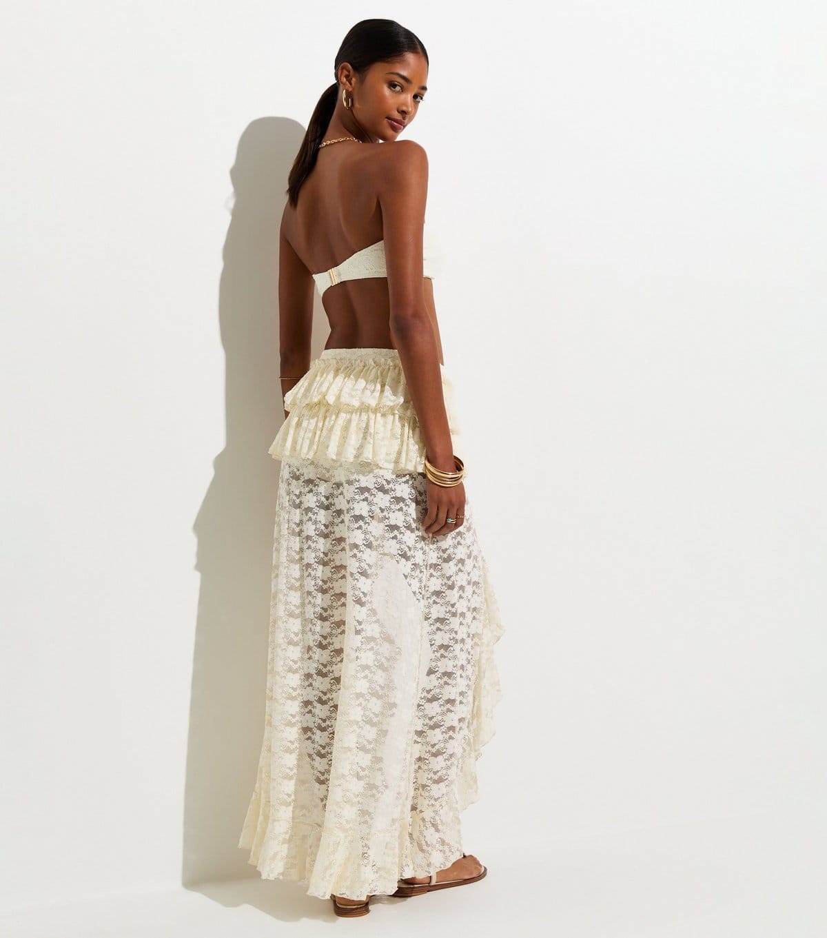 New Look Women's Cream Ruffled Lace Dipped Hem Skirt New Look - 4