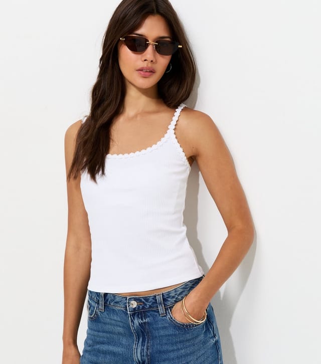 New Look Women's White Cotton Rich Daisy Trim Scoop Neck Vest Top New Look - 2