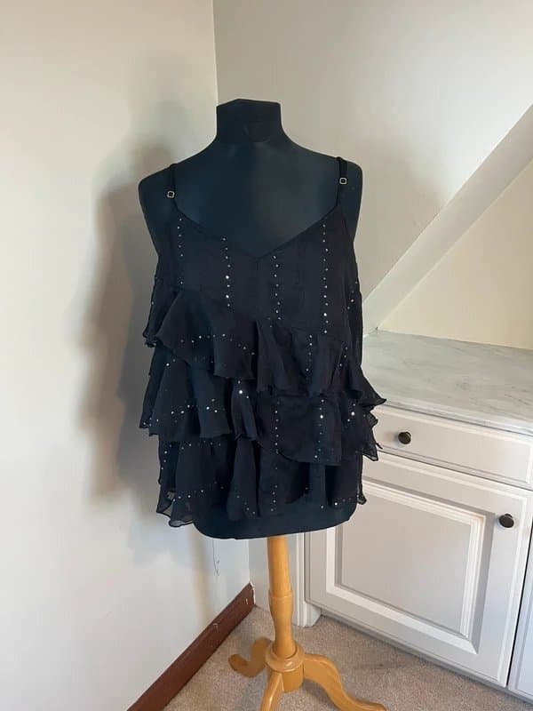 River Island River Island Black Sparkle Cami Frill Floaty Spaghetti Strap Top Vest Size 16