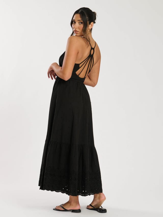 South Beach South Beach Women's Dobby Broderie Strappy Back Midi Dress in Black - 3