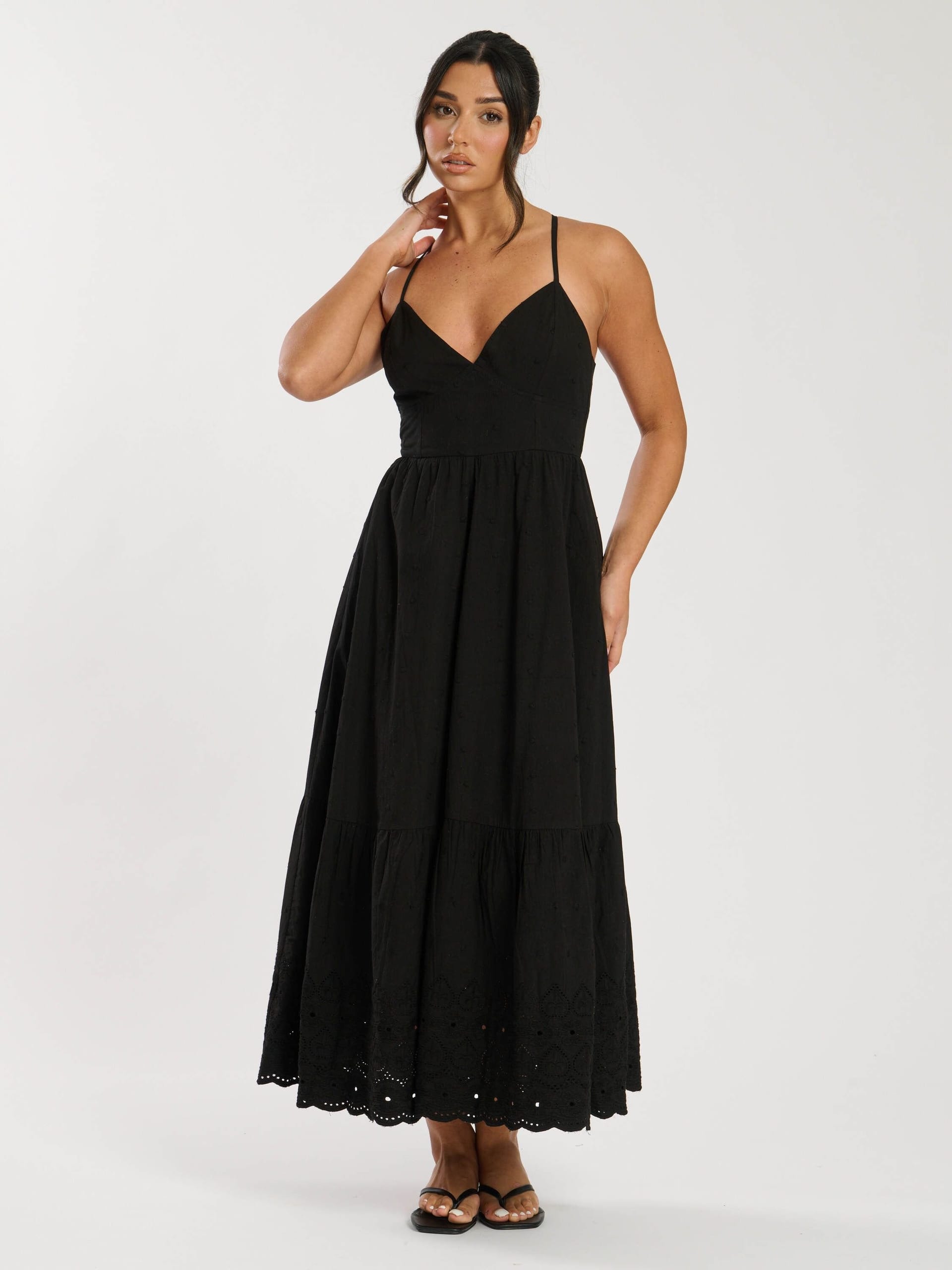 South Beach South Beach Women's Dobby Broderie Strappy Back Midi Dress in Black - 4