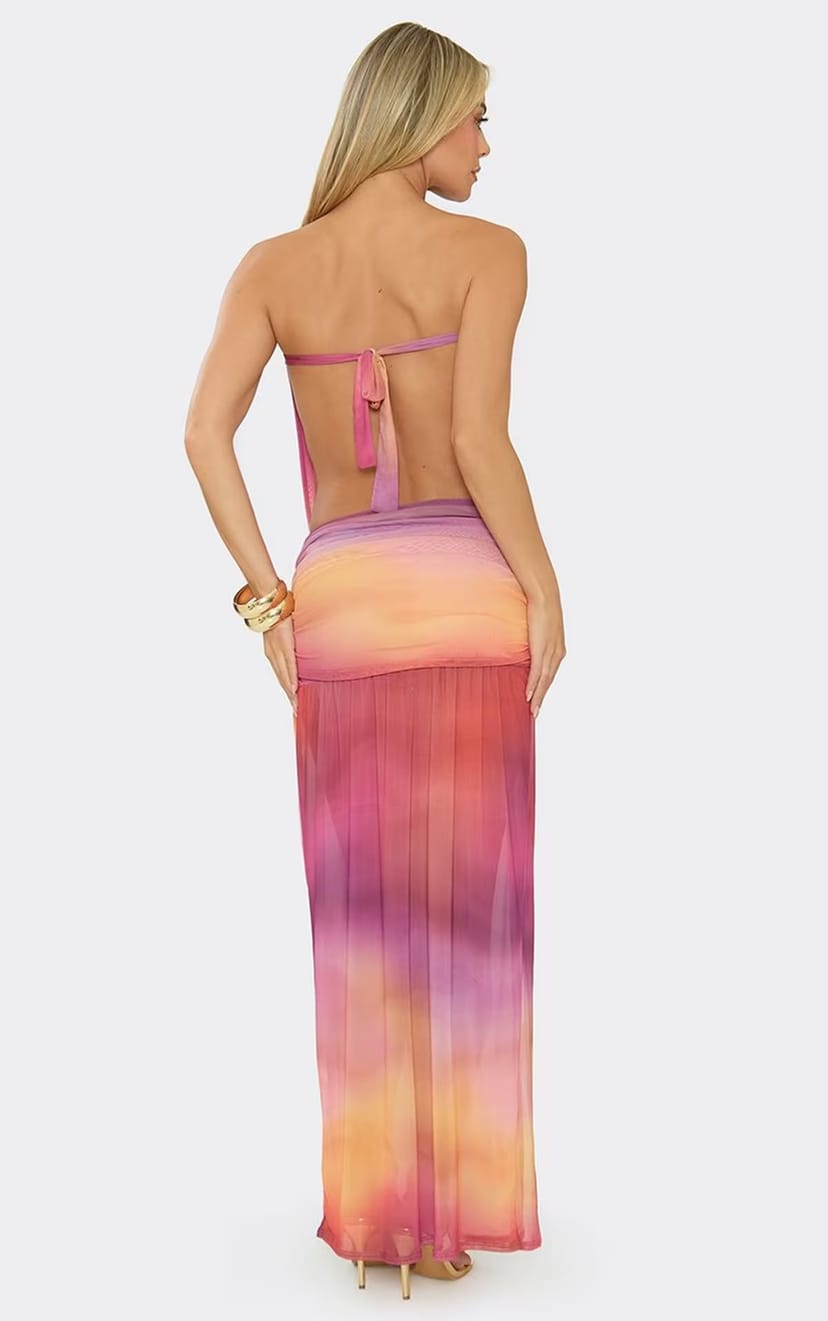 EGO Bandeau Tie Back Keyhole Cut Out Split Leg Maxi Dress In Multi Mesh., Women's Size UK 6 - 1
