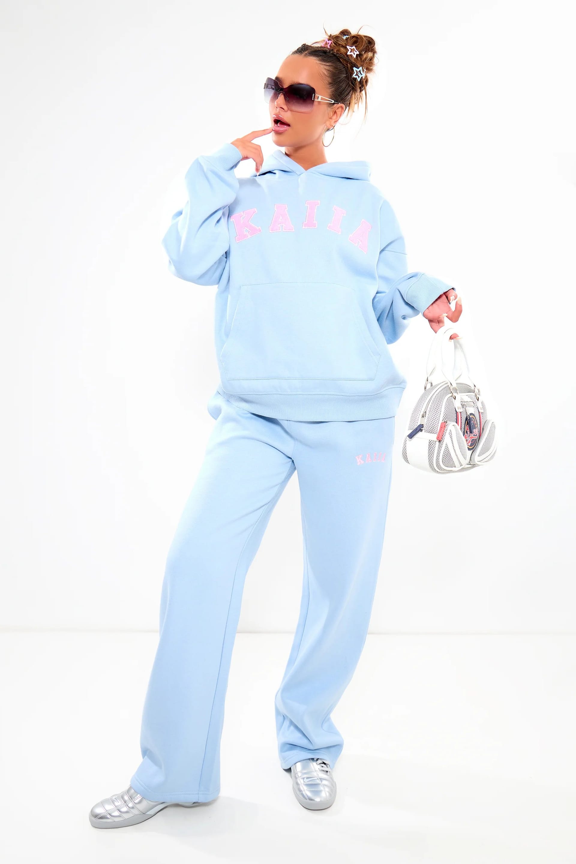 Kaiia Baby Blue & Pink Logo Wide Leg Joggers